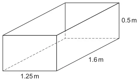 Cuboid container with width 1.25 m, length 1.6 m and depth 0.5 m marked