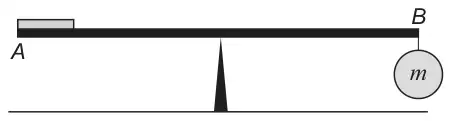 Horizontal rod AB resting at its midpoint on a triangular support; a flat coin lies on the rod at end A; a circular load of mass m hangs from a string below end B