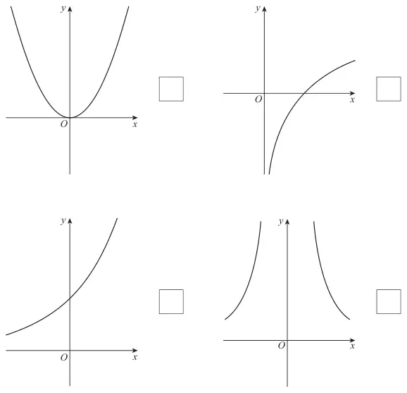 Four graphs, each with a tick box: top left a U-shaped parabola with its minimum at O; top right a curve rising steeply from below the x-axis close to the y-axis, crossing the positive x-axis and flattening out (a logarithm-shaped curve); bottom left an increasing exponential-shaped curve with positive y-intercept; bottom right two branches either side of the y-axis, both above the x-axis and rising steeply towards the y-axis