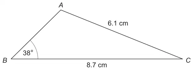 Triangle ABC with BC along the bottom of length 8.7 cm, AC of length 6.1 cm, and angle ABC of 38 degrees