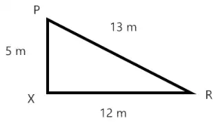 Right-angled triangle PXR with the right angle at X: XP = 5 m, XR = 12 m, PR = 13 m