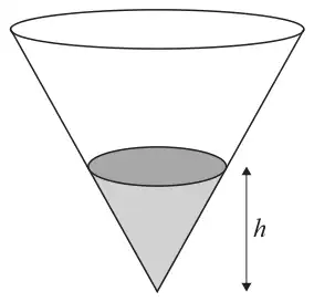 An inverted cone with water in the bottom part; the depth of the water is marked h