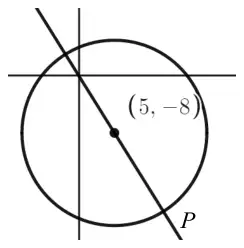 Circle with centre (5, −8) cut by the coordinate axes; a line from the origin through the centre meets the circle at P