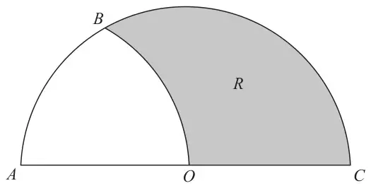 Figure 4: semicircle ABCOA on diameter AC with centre O; arc OB centred at A; shaded region R between arc OB, arc BC and line OC