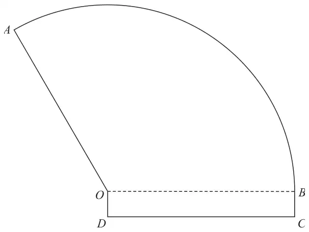 Figure 4: plan view: sector AOB of a circle centre O with rectangle OBCD joined below radius OB (OB shown dashed)