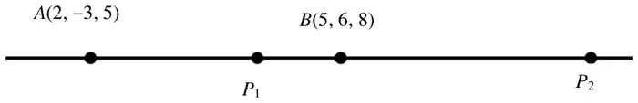 Line through A(2, −3, 5) and B(5, 6, 8), with P1 between A and B and P2 beyond B