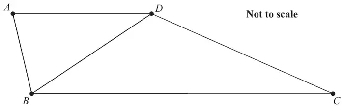 Figure 4: trapezium ABCD with AD parallel to BC, AD shorter than BC, and the diagonal BD drawn; not to scale