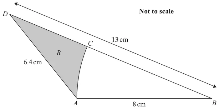 Figure 1: triangle ABD, not to scale, with AD = 6.4 cm, BD = 13 cm, AB = 8 cm; arc AC of a circle centre B with C on BD; region R shaded between DA, DC and the arc