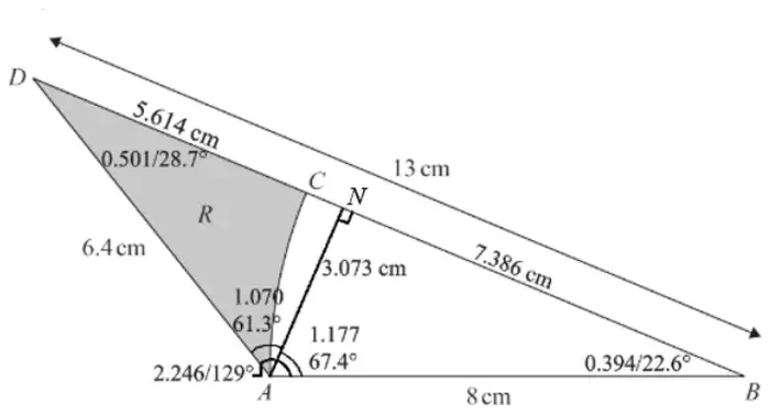 Helpful diagram: Figure 1 with the perpendicular AN from A to BD (AN = 3.073 cm, DN = 5.614 cm, NB = 7.386 cm) and angles ADB = 0.501/28.7°, DAN = 1.070/61.3°, NAB = 1.177/67.4°, DAB = 2.246/129°, ABC = 0.394/22.6°
