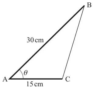 Triangle ABC with AB = 30 cm, AC = 15 cm horizontal, angle θ at A, and BC the elastic
