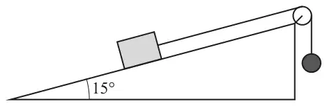 Block on a plane inclined at 15 degrees, connected by a rope parallel to the plane over a pulley at the top to a sphere hanging vertically