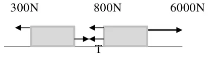 Force diagram: trailer and car on a horizontal line; 300 N to the left on the trailer, 800 N to the left on the car, 6000 N to the right on the car, and tension T acting in both directions in the tow-bar