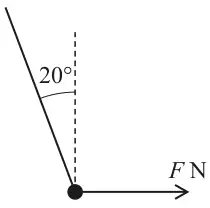 Particle hanging on a string at 20° to the dashed vertical, with a horizontal force F N acting on the particle