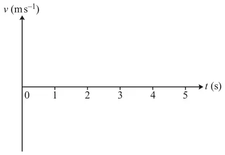 Blank axes: v (m s⁻¹) vertically, extending above and below the t-axis, and t (s) horizontally marked 0 to 5