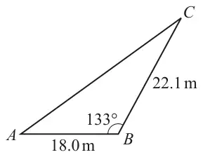 Fig. 1: triangle ABC with AB = 18.0 m, BC = 22.1 m and angle ABC = 133 degrees