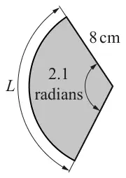 Fig. 2: shaded sector with radius 8 cm, angle 2.1 radians and arc length L