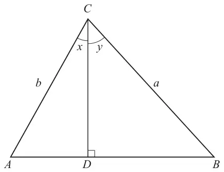 Triangle ABC with base AB; the perpendicular CD from C meets AB at D with a right angle; angle ACD is x and angle DCB is y; side AC is b and side BC is a