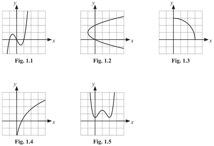 Five graphs on grids. Fig. 1.1: cubic-shaped curve with a maximum and a minimum, crossing the x-axis three times. Fig. 1.2: parabola opening to the right with vertex left of the y-axis. Fig. 1.3: quarter circle from a point on the positive y-axis to a point on the positive x-axis. Fig. 1.4: increasing curve rising steeply from near the y-axis and flattening, like a log graph. Fig. 1.5: W-shaped quartic curve above the x-axis with two minima
