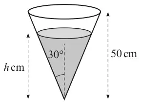 An inverted cone of height 50 cm, partly filled with water to depth h cm; the semi-vertical angle at the bottom vertex is 30 degrees
