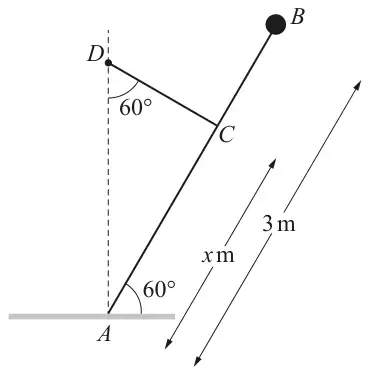 Rod AB, 3 m long, with A on horizontal ground, making 60° with the ground, with a particle at B; a string from point C on the rod, x m from A, goes to point D vertically above A, with angle 60° between DC and the vertical