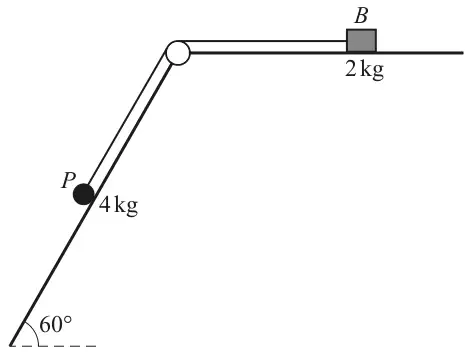 A block B of mass 2 kg on a horizontal surface is connected by a string over a pulley at the top edge to a particle P of mass 4 kg on a plane inclined at 60 degrees to the horizontal