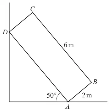 Rectangle ABCD leaning with corner A on horizontal ground and corner D against a vertical wall; AD makes an angle of 50 degrees with the ground, AB = 2 m and BC = 6 m