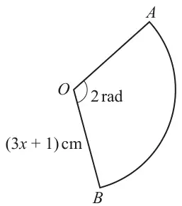 Sector AOB of a circle with centre O, radius OB labelled (3x + 1) cm and angle AOB labelled 2 rad
