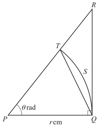 Right-angled triangle PQR with the right angle at Q, PQ = r cm and angle QPR = theta radians. T lies on PR with PT = r; arc QST is part of a circle centre P, and the chord QT is drawn.