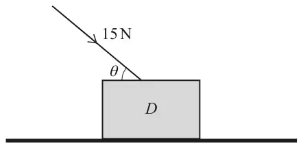 Block D resting on a horizontal surface; a force of 15 N pushes down on the top of the block at angle theta to the horizontal, directed down and to the right