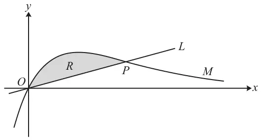 Curve M through the origin O rising to a maximum and then decreasing towards the x-axis; straight line L through O meets M again at P; the region R between the curve and the line, from O to P, is shaded