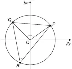 Circle centred on O through P, Q and R, with R below the real axis; lines join O to P and Q, and R to P and Q