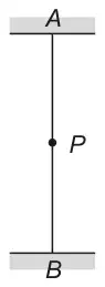 A vertical line from fixed point A at the top down to fixed point B at the bottom, with the particle P on the line between them