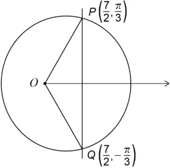 Sketch of the curve C, a closed loop around O, with the initial line from O and the vertical line L cutting C at P(7/2, π/3) and Q(7/2, −π/3); O is joined to P and to Q