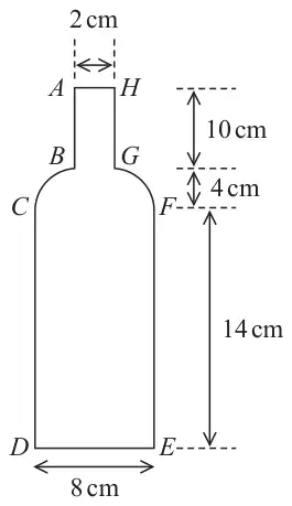 Figure 1: central vertical cross-section ABCDEFGHA of a bottle; the neck AH to BG is 2 cm wide and 10 cm tall, the curved shoulder from G to F rises 4 cm, and the body from F to E is 14 cm tall and 8 cm wide (D to E)
