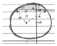 Handwritten sketch of the circle with the segment above the line y = 20 shaded, showing radii 10, the distance 8 from the centre to the chord and 12