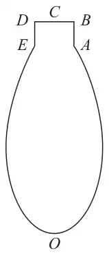 Figure 1: central vertical cross-section OABCDEO of a solid glass ornament, a teardrop shape with base point O and a short rectangular neck EABD at the top with C at the middle of the top edge DB