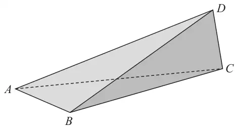 Figure 1: tetrahedron ABCD drawn as a solid doorstop, with base edge AC dashed and D the highest vertex above C