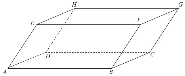 Figure 1: parallelepiped with lower face ABCD and upper face EFGH; E above A, F above B, G above C, H above D; edges AD, DC and DH dashed