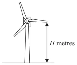 Figure 1: wind turbine on horizontal ground, with the height H metres marked from the ground up to the tip of one blade