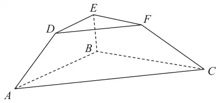 Figure 3: solid display stand with lower triangular face ABC and smaller upper triangular face DEF, D above A, E above B, F above C; edges AB, BC and BE dashed