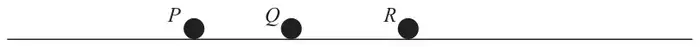 Figure 1: three particles P, Q and R at rest in a straight line on a horizontal plane, with Q between P and R
