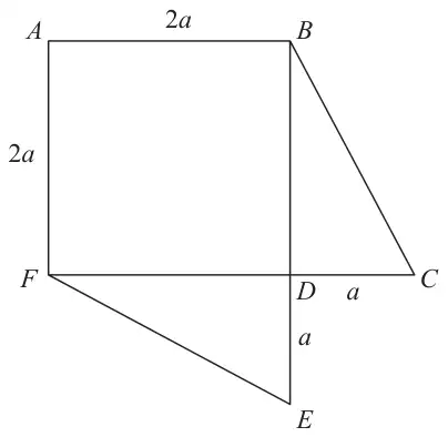Figure 2: square ABDF of side 2a with A top left, B top right, F bottom left and D bottom right; triangle BDC attached on the right with DC = a along FD extended, and triangle FDE attached below with DE = a along BD extended