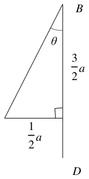 right-angled triangle with vertical side BD, 3a/2 from B to the right angle, horizontal side a/2, and angle theta at B