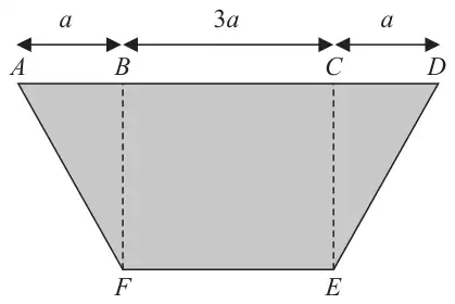 Figure 1: isosceles trapezium ABCDEF with A, B, C, D along the top edge (AB = a, BC = 3a, CD = a) and F, E along the bottom, with F below B and E below C; the square BCEF is marked with dashed lines