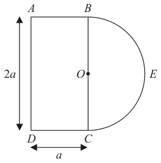 Figure 2: framework: rectangle ABCD with AD = 2a vertical and DC = a, and a semicircular arc BEC of centre O on BC bulging outwards to the right, E furthest from BC