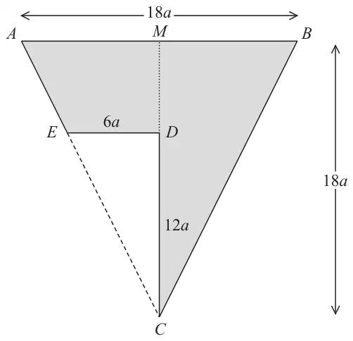 Figure 1: isosceles triangle ABC with AB = 18a horizontal at the top, M the midpoint of AB and C vertically below M with CM = 18a; triangle CDE, with D on MC, DE = 6a parallel to AB and CD = 12a, is removed from the left side, leaving the shaded lamina L
