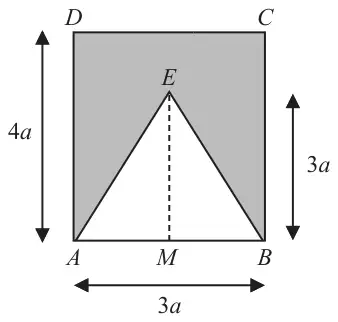 Figure 1: rectangle ABCD with AB = 3a along the bottom and AD = 4a; the isosceles triangle ABE, with E vertically above the midpoint M of AB and EM = 3a, is removed, leaving the shaded lamina