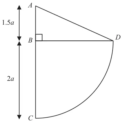 Figure 2: framework: A vertically above B with AB = 1.5a, C vertically below B with BC = 2a, BD horizontal with a right angle at B, straight wire AD, and a quarter-circle arc from D down to C