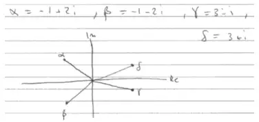 Handwritten example: alpha = -1 + 2i, beta = -1 - 2i, gamma = 3 - i, delta = 3 + i, with an Argand diagram showing the four points labelled alpha, beta, gamma and delta