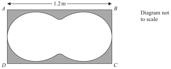 Figure 1: rectangle ABCD with AB = 1.2 m; inside it a closed curve shaped like a peanut, touching all four sides, with the region between the curve and the rectangle shaded. Diagram not to scale